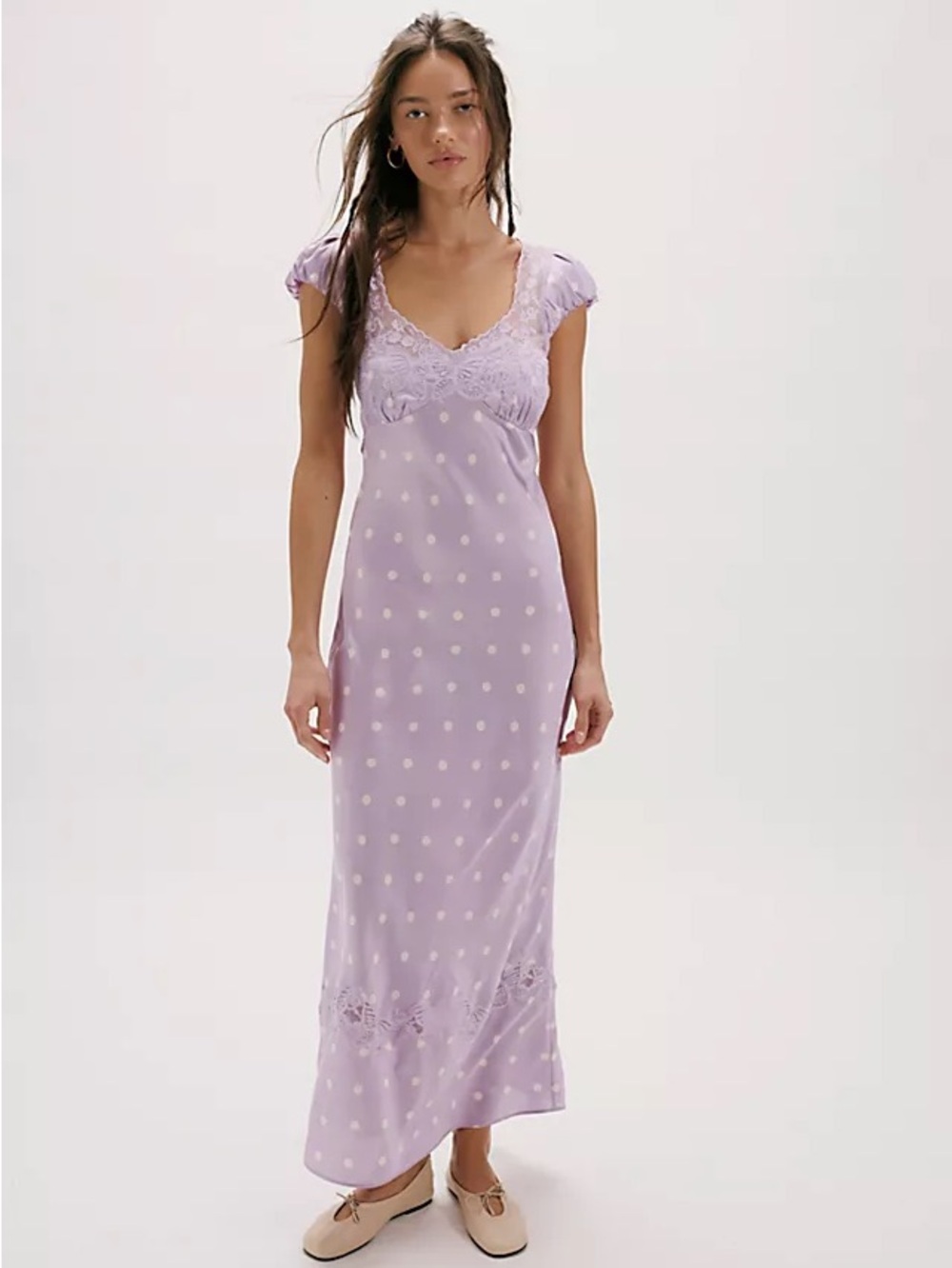 Free People Lilac Polka Dot Lace-Trim Maxi Dress